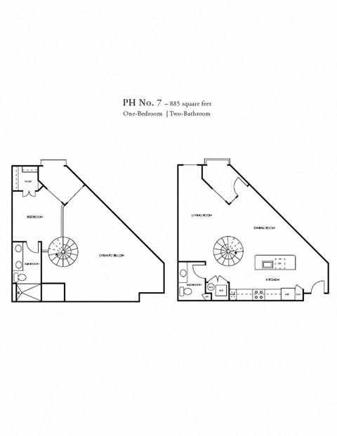 Floor plan for 1 bed, 2 baths, 885 sqft
